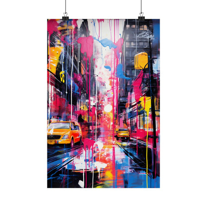 Vibrant abstract painting of a city street with colorful drips and splashes.