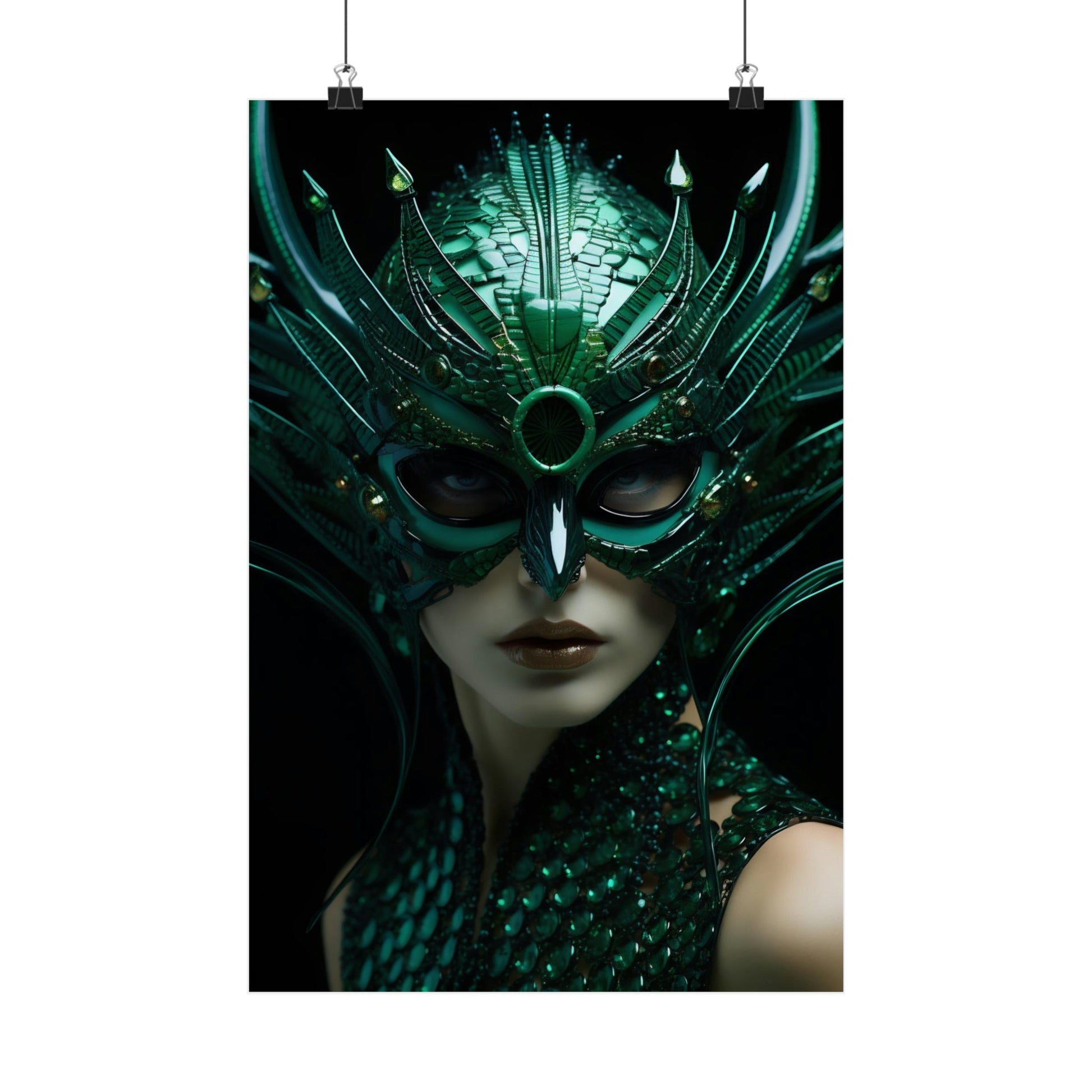 Ornate green mask with feather-like elements and metallic accents covering the upper half of a face.