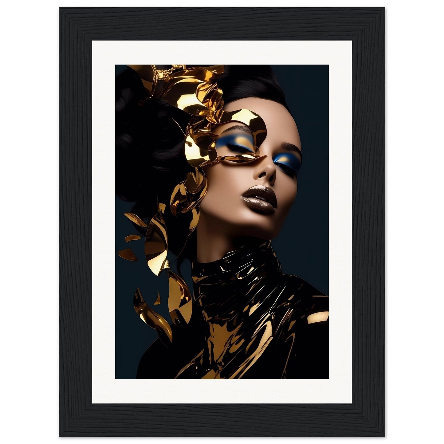 Framed portrait of a person wearing dramatic gold makeup and accessories against a dark background.