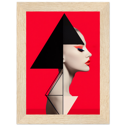 Profile portrait of a person with geometric shapes forming a stylized headdress against a red background.