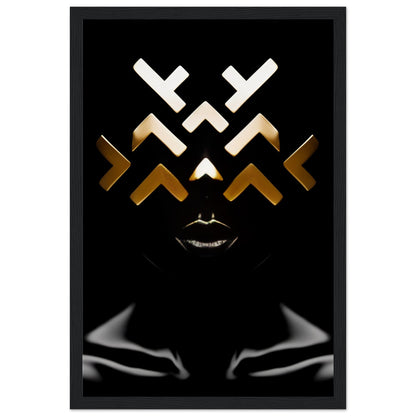 Abstract geometric design featuring white and gold angular shapes above stylized silver lips on a black background.