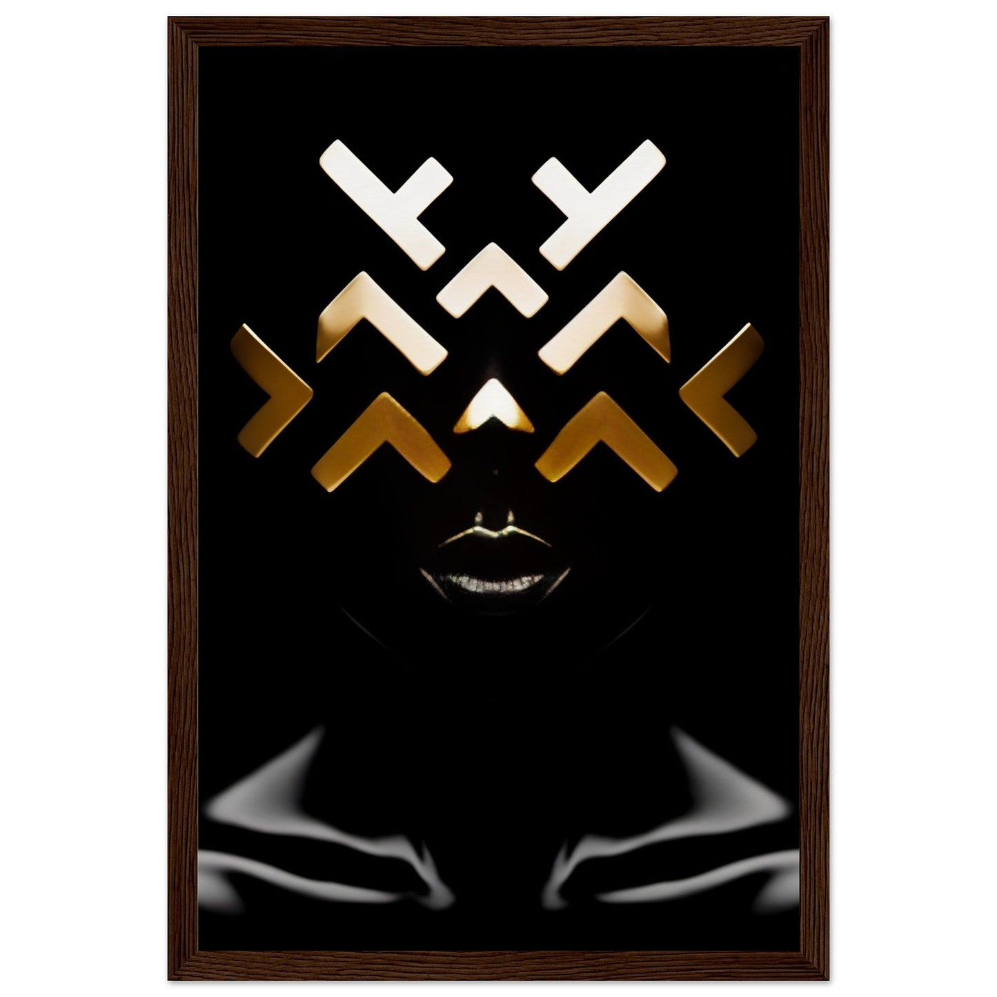 Abstract geometric artwork featuring white and gold angular shapes above stylized silver lips on a black background, framed in wood.