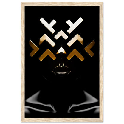 Abstract geometric design featuring white and gold angular shapes above stylized silver lips on a black background.