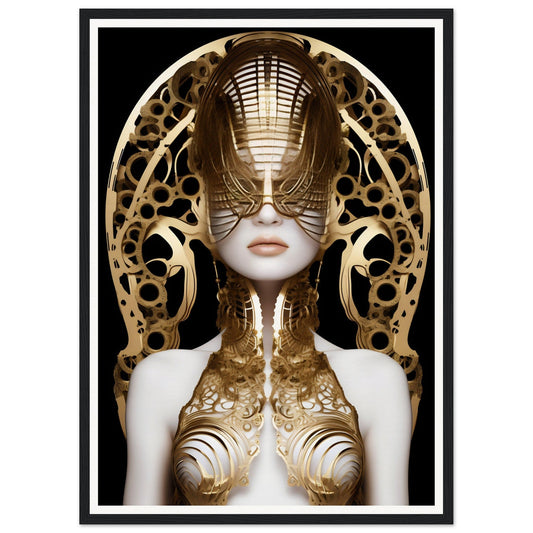 Surreal portrait of a figure adorned with intricate golden metallic headpiece and body ornaments.