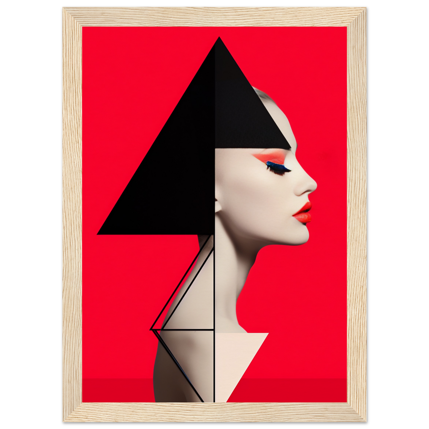 Stylized profile portrait of a face incorporating geometric shapes against a vibrant red background.