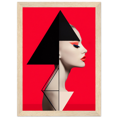 Stylized profile portrait of a face incorporating geometric shapes against a vibrant red background.