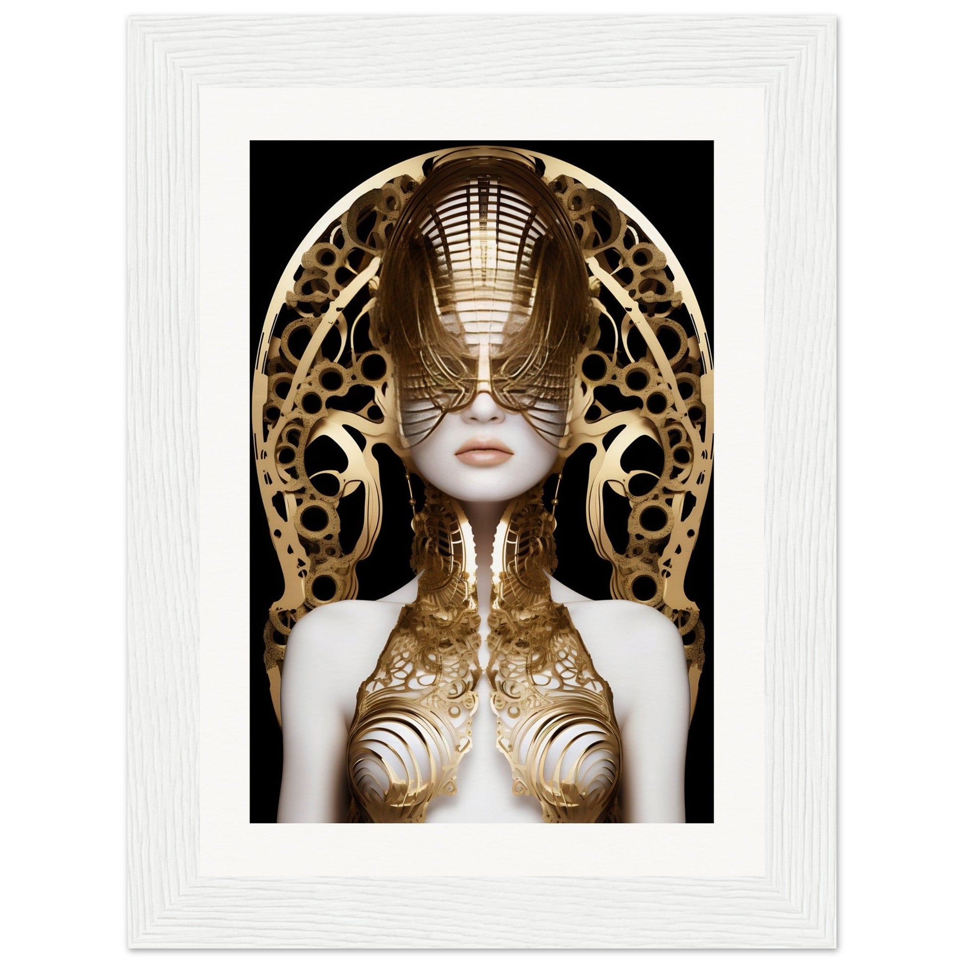A stunning Art Deco Gold Warrior The Oracle Windows™ Collection poster of a woman in a golden mask, perfect for transforming your space.