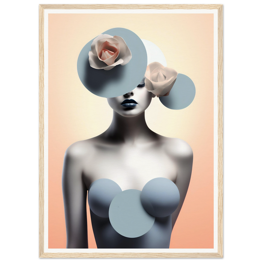 Surrealist portrait of a figure with circular shapes and roses obscuring parts of the body and face.