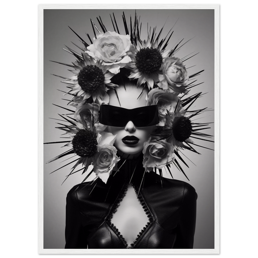 Striking black and white portrait featuring a figure adorned with an elaborate floral and spiked headdress and dark sunglasses.