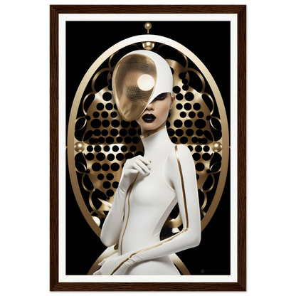 Stylized female figure in white attire with a circular, patterned backdrop.