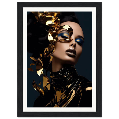 Striking portrait of a person wearing dramatic gold and blue makeup with metallic accents.