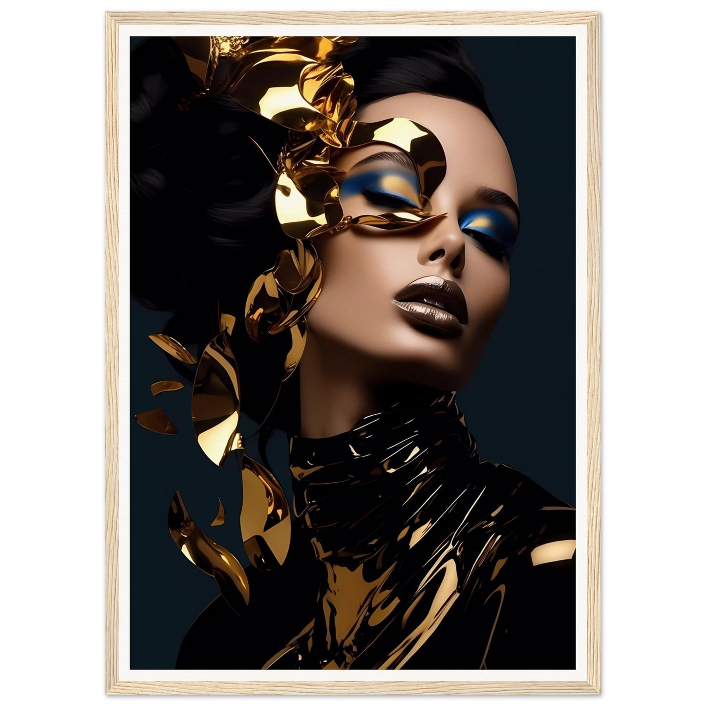 Portrait of a woman with dramatic gold and black makeup and accessories against a dark background.