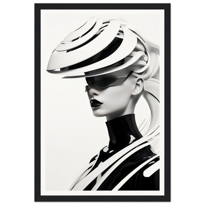 Striking black and white portrait of a person wearing an avant-garde sculptural hat and high-necked top.