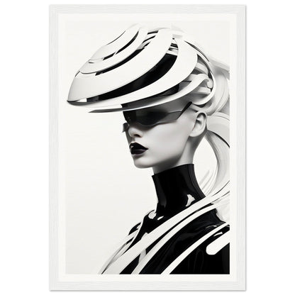 Striking black and white portrait featuring an avant-garde sculptural hat and outfit.