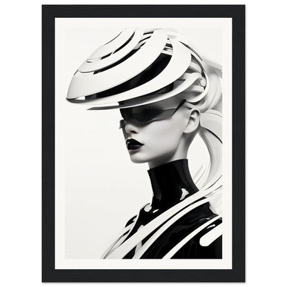 Striking black and white portrait featuring an avant-garde sculptural hat and high-contrast fashion styling.