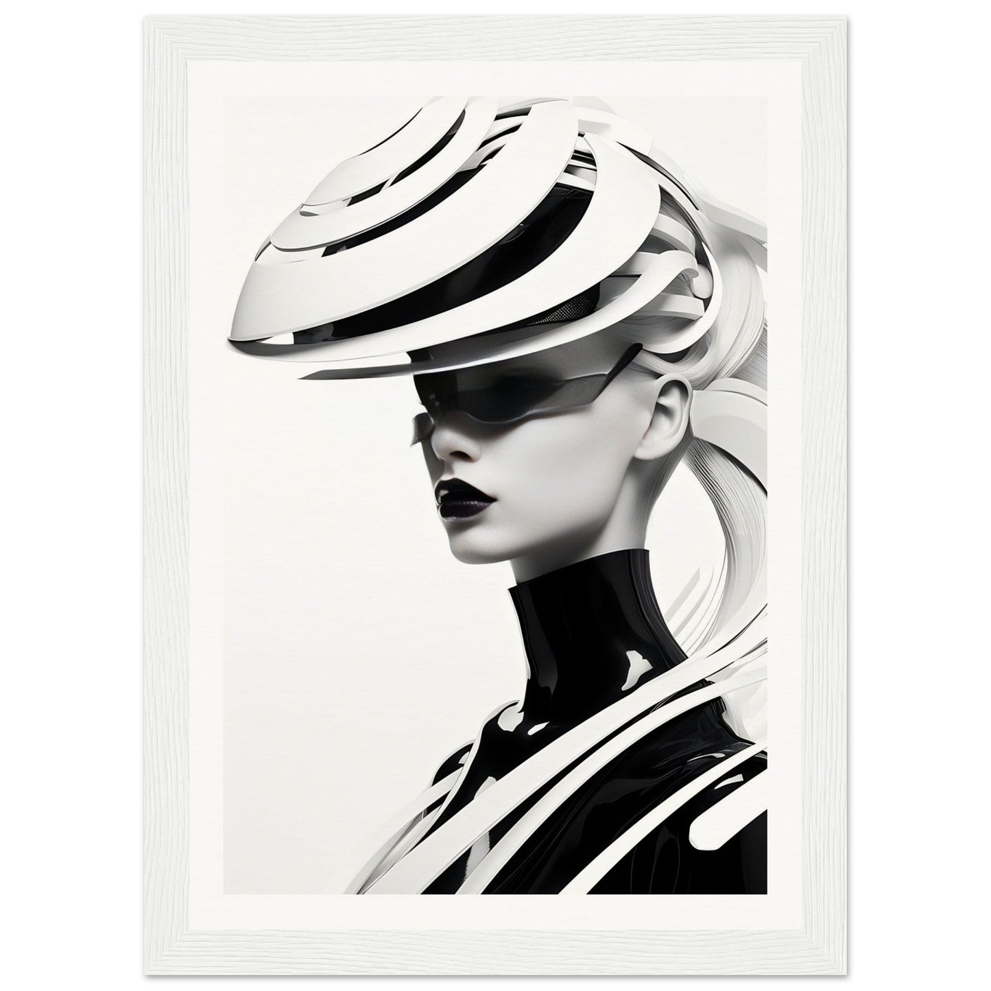 Striking black and white portrait featuring a person wearing an avant-garde sculptural hat and high-contrast striped clothing.