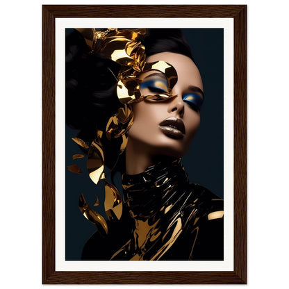 Striking portrait of a person wearing dramatic gold and black makeup and accessories.