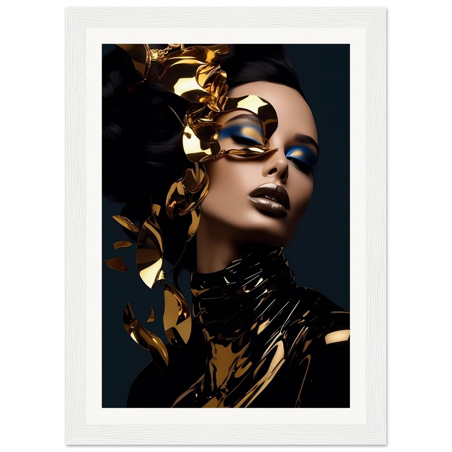 Striking portrait of a person with dramatic gold and blue makeup, adorned with metallic gold elements.