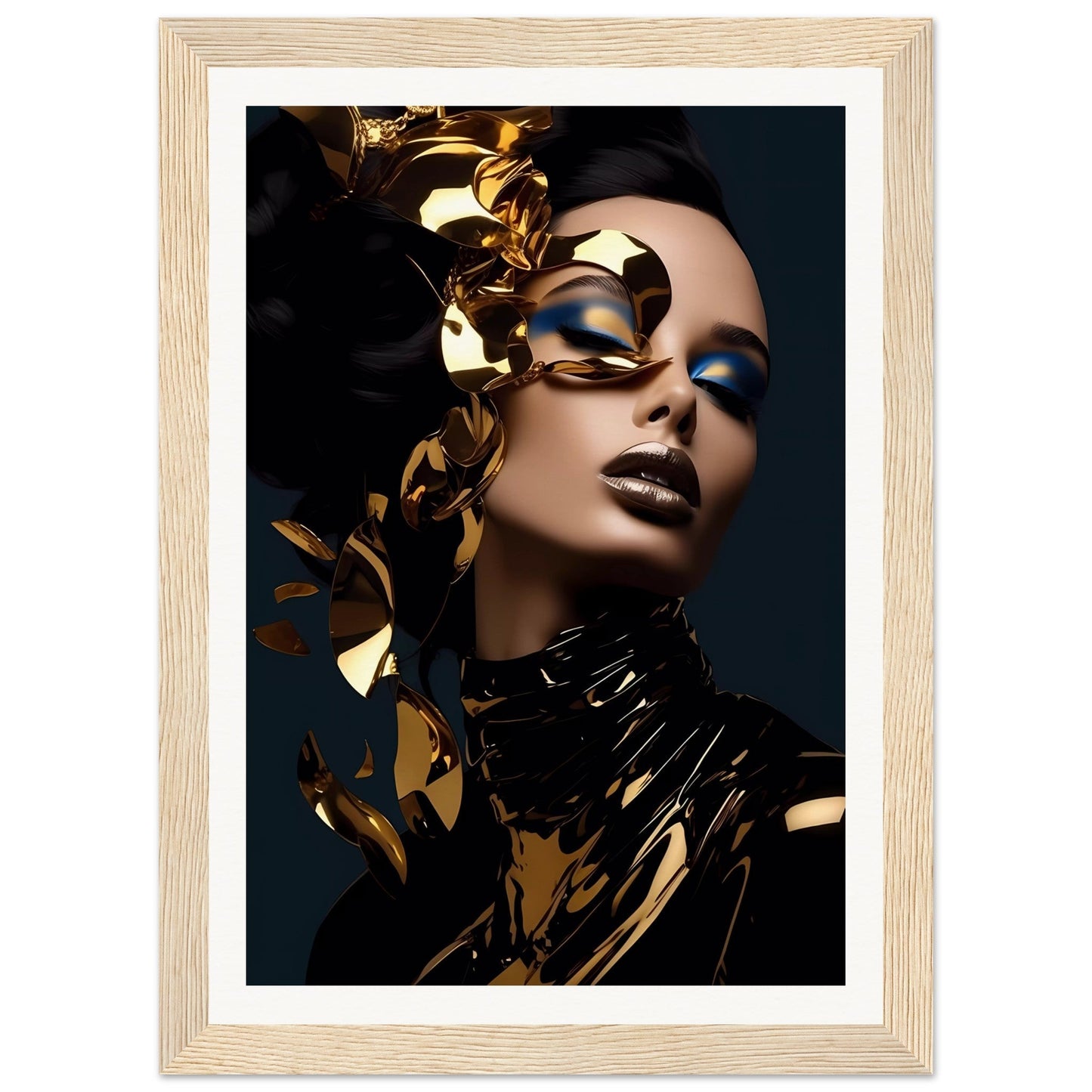 Portrait of a person wearing dramatic gold and blue makeup with metallic gold elements adorning their face and neck.