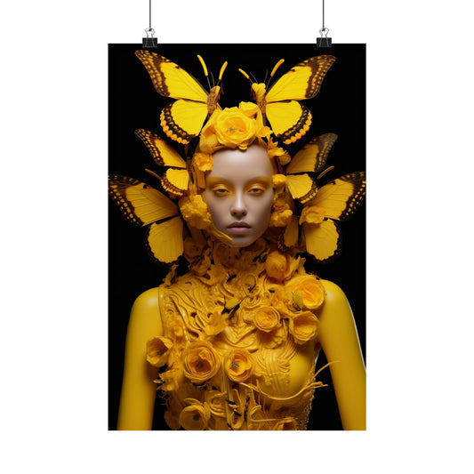 Surreal yellow sculpture of a figure adorned with butterflies and floral elements.