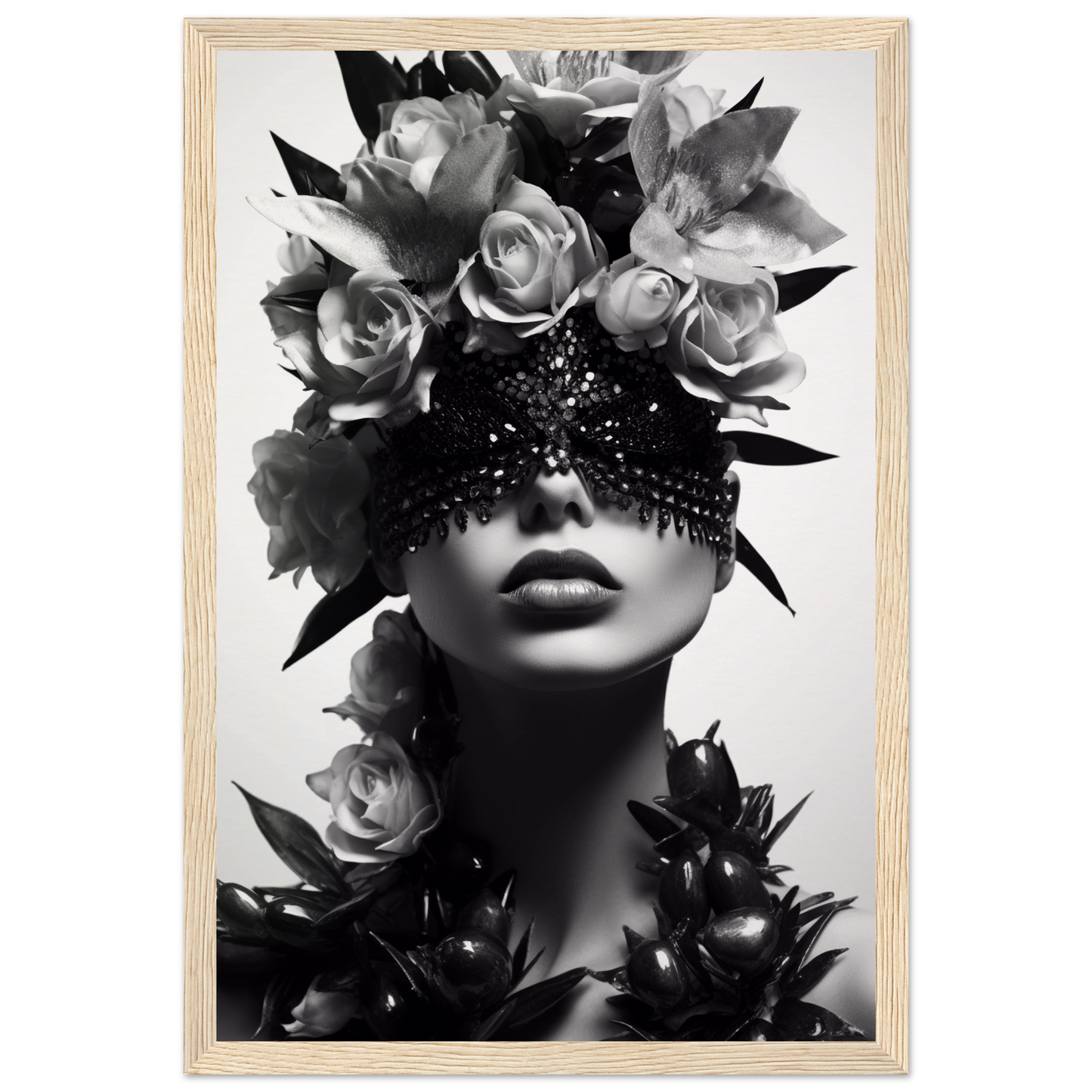 Artistic black and white portrait featuring a figure adorned with roses and a sparkling eye covering.