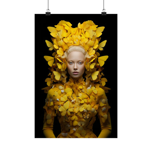 Portrait of a person adorned with vibrant yellow butterflies against a dark background.