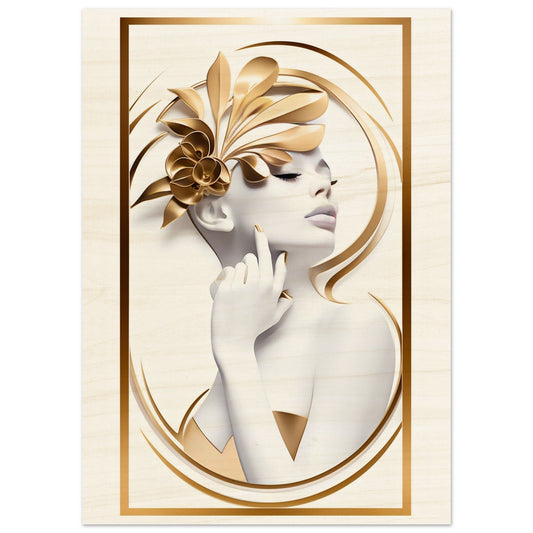 Stylized portrait of a woman with golden floral headpiece in an oval frame.