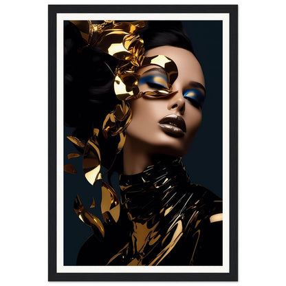 Striking portrait featuring dramatic gold accents and bold blue eye makeup against dark background.