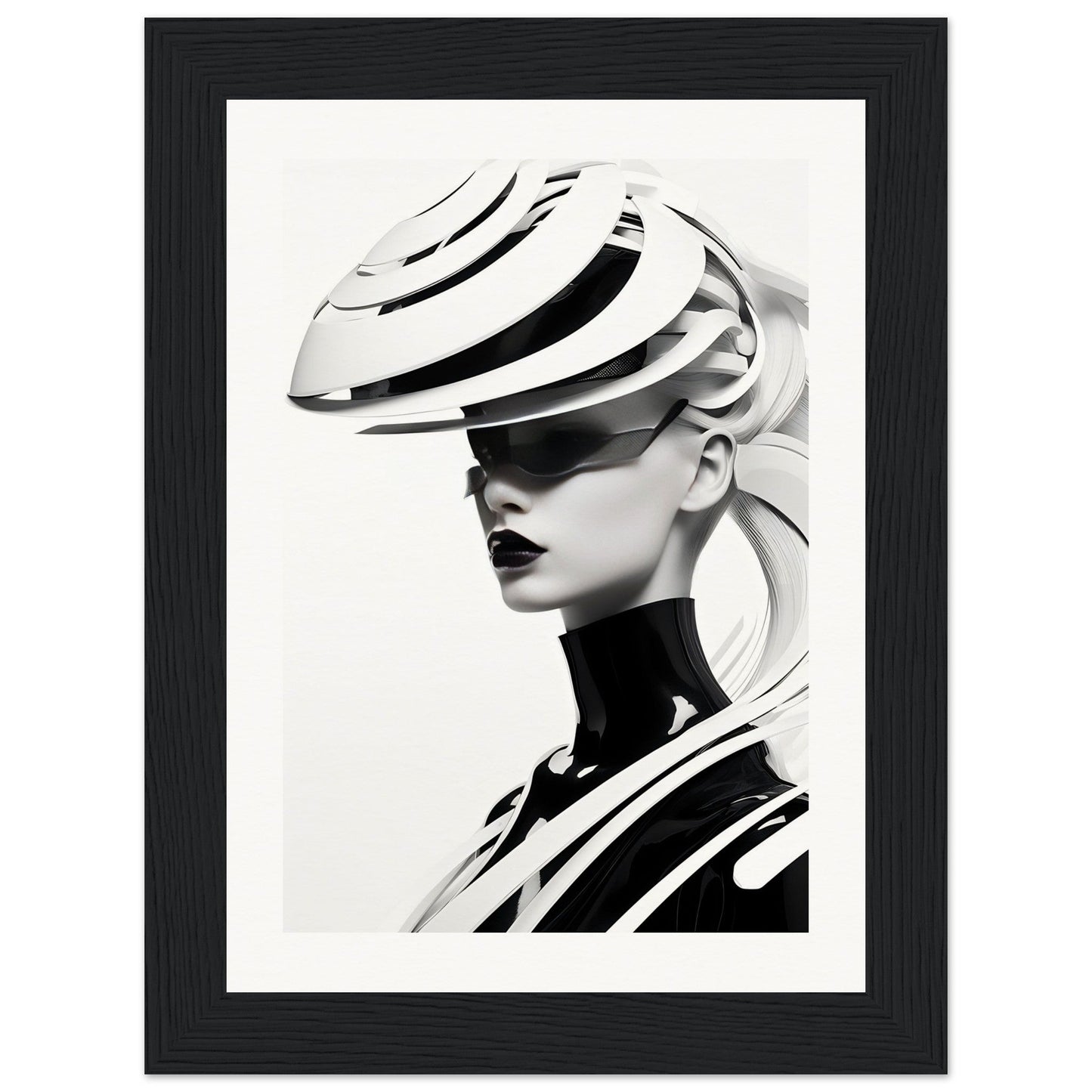 Striking black and white portrait featuring a person wearing an avant-garde sculptural hat and high-necked top with bold curved stripes.