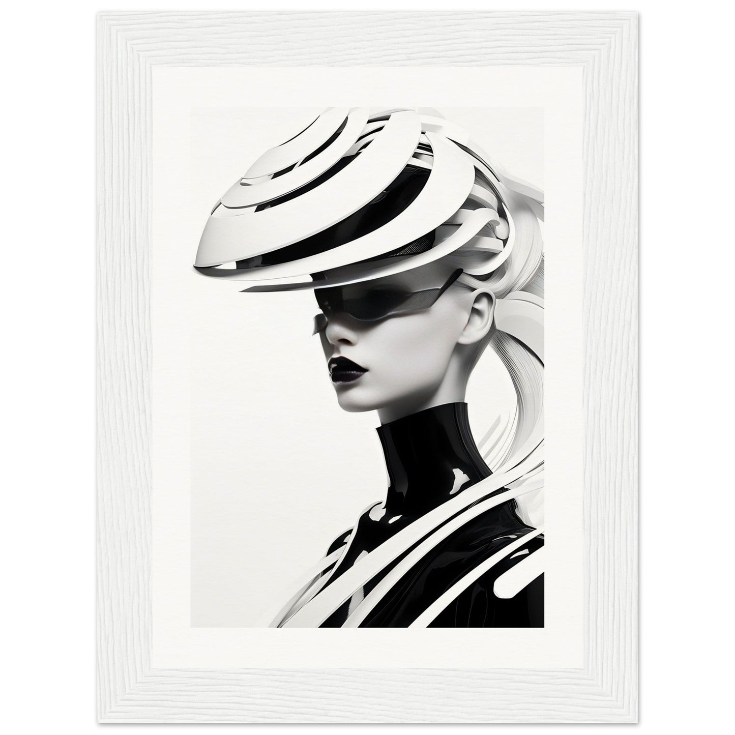 Striking black and white portrait of a person wearing an avant-garde sculptural hat and high-necked top with bold curved stripes.