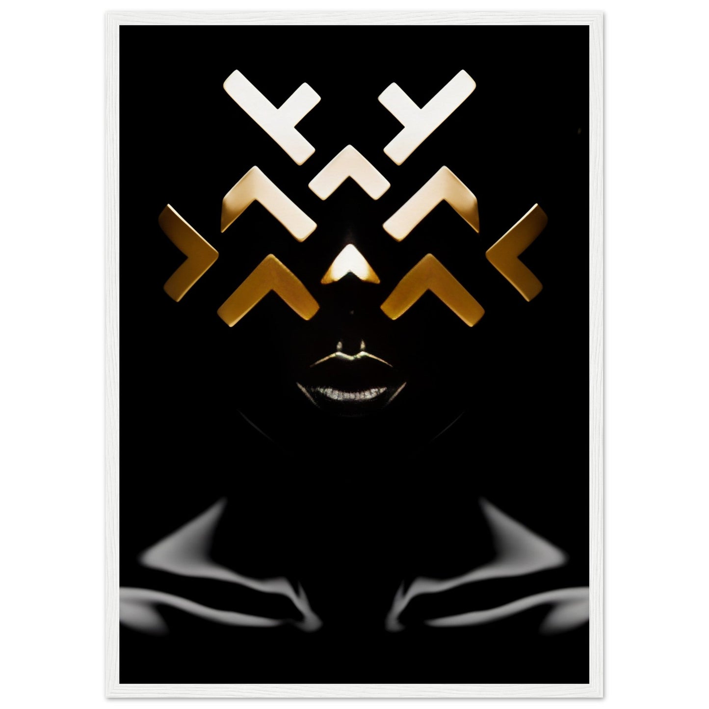 Abstract geometric face composed of white and gold angular shapes with a visible mouth on a black background.