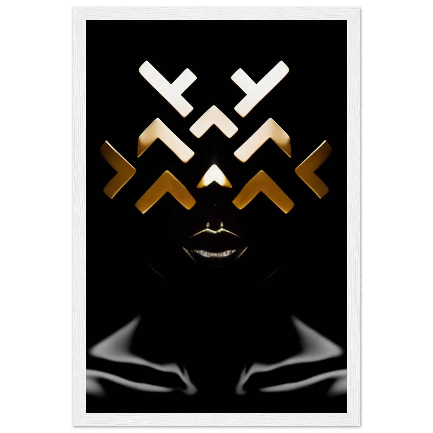 Abstract geometric face design with white and gold angular shapes above silver lips on a black background.