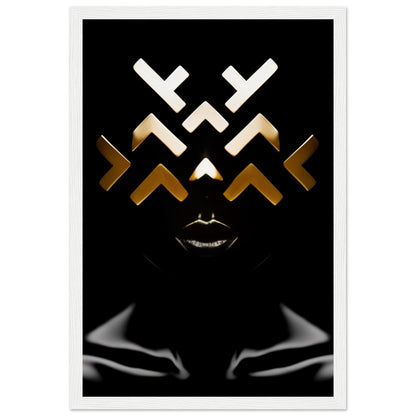 Abstract geometric face design with white and gold angular shapes above silver lips on a black background.