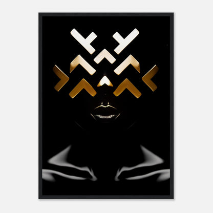 Abstract geometric face design with white and gold shapes on a black background.