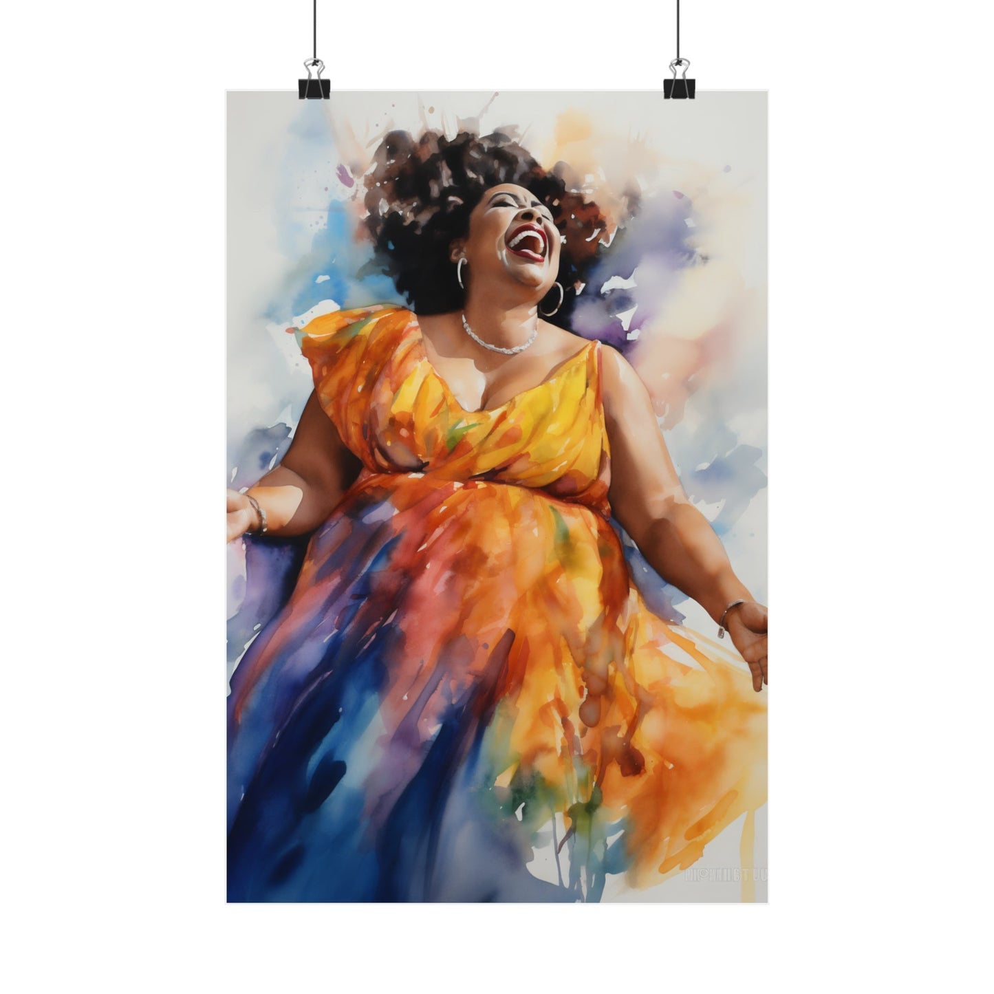 Vibrant watercolor painting of a joyful woman in a flowing yellow and blue dress, singing or laughing with her head tilted back.