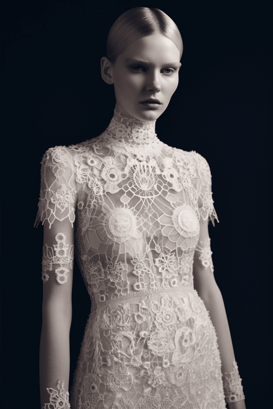 Model wearing lace flowery royal french pattern body suit - wall art