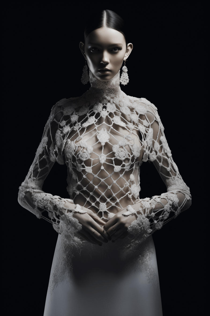 Amazing model wearing flowery white lace bodysuit - canvas wall art