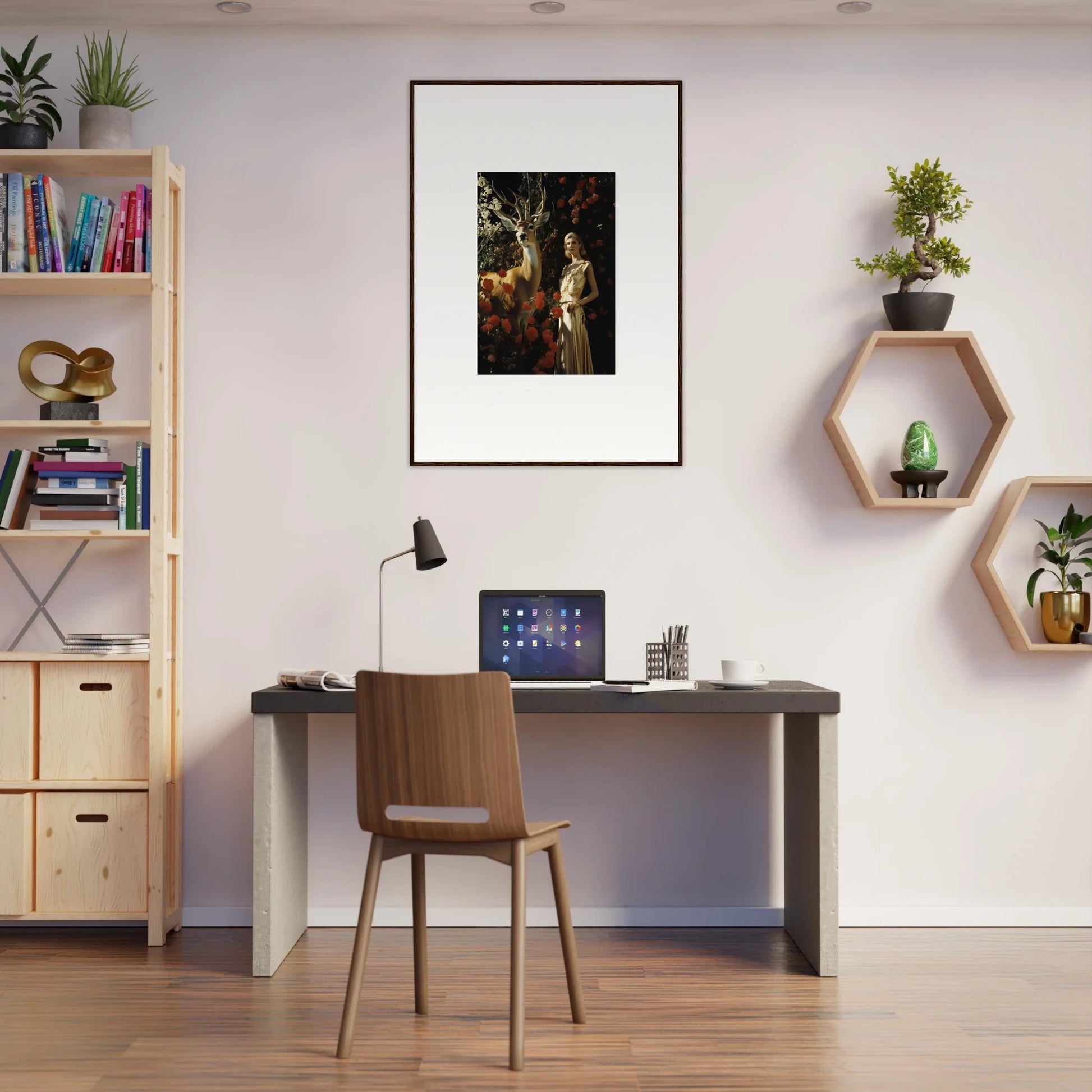 Home office workspace with a desk, chair, and decorative wall elements.