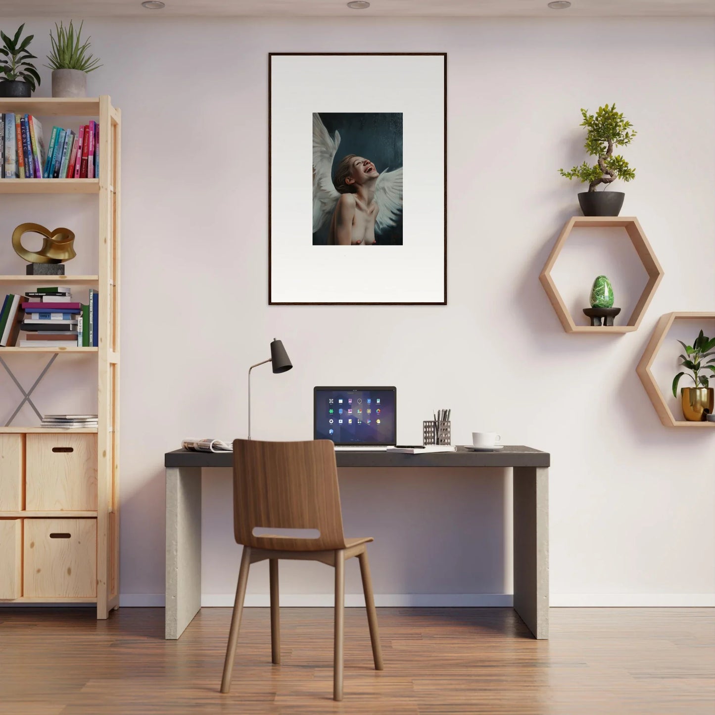 Home office workspace featuring a desk, chair, and framed wall art for stylish wing time