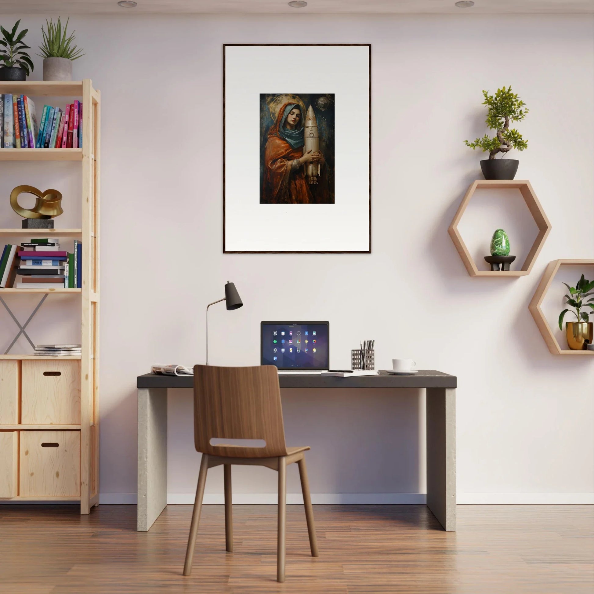 Stylish home office workspace from Drifting Quantum Atelier with framed wall art and decor