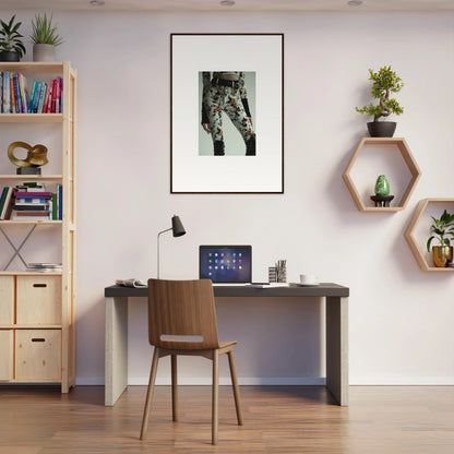 Home office workspace with desk, chair, and framed wall art in Garden Couture decor