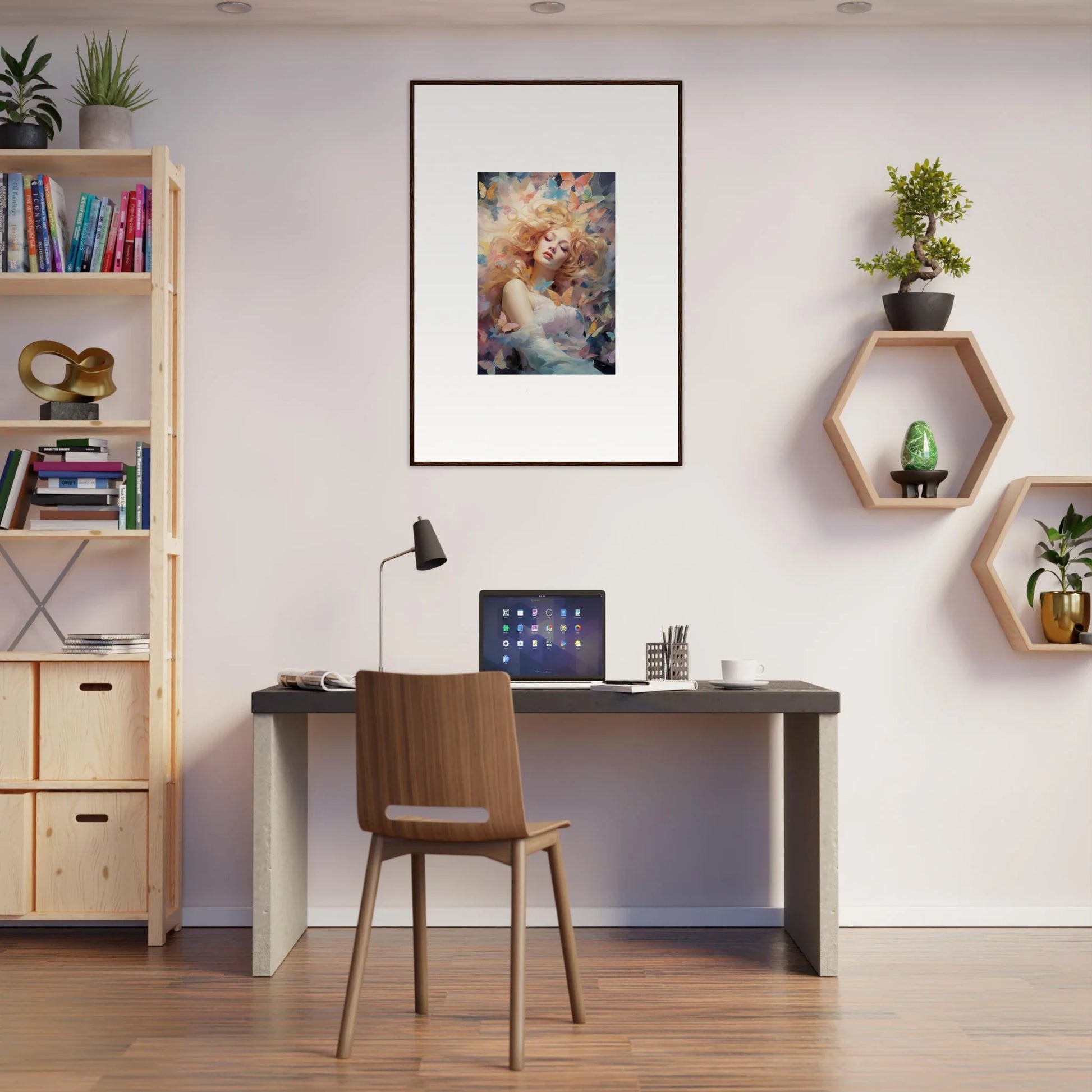 Home office workspace featuring desk, chair, bookshelf, and framed wall art decor