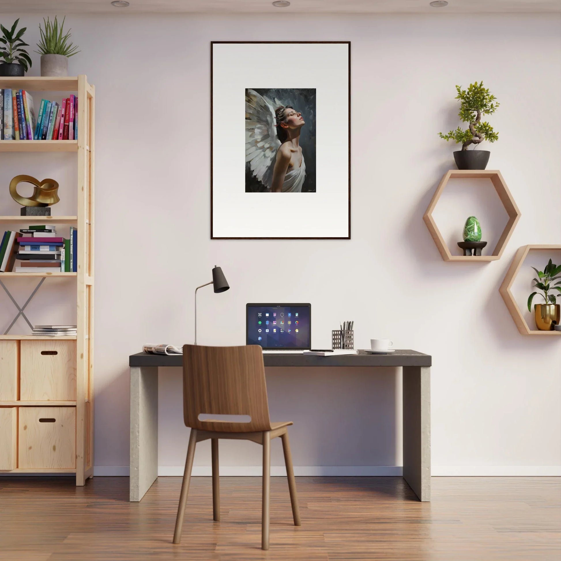 Home office workspace with Transcendent Light Orchard decor and framed wall art