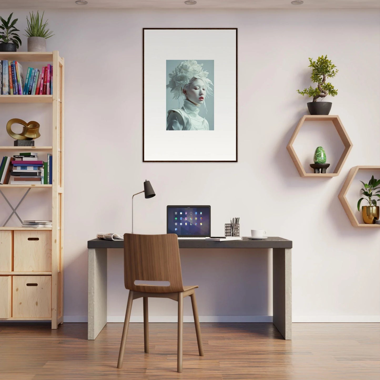 Home office workspace featuring a desk, chair, and framed wall art for room decor