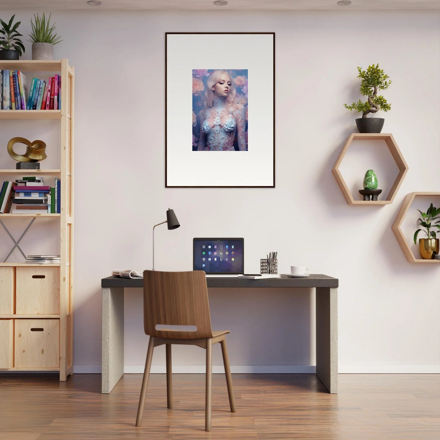 Home office workspace featuring Lace Petal Vapor decor, desk, chair, and wall art