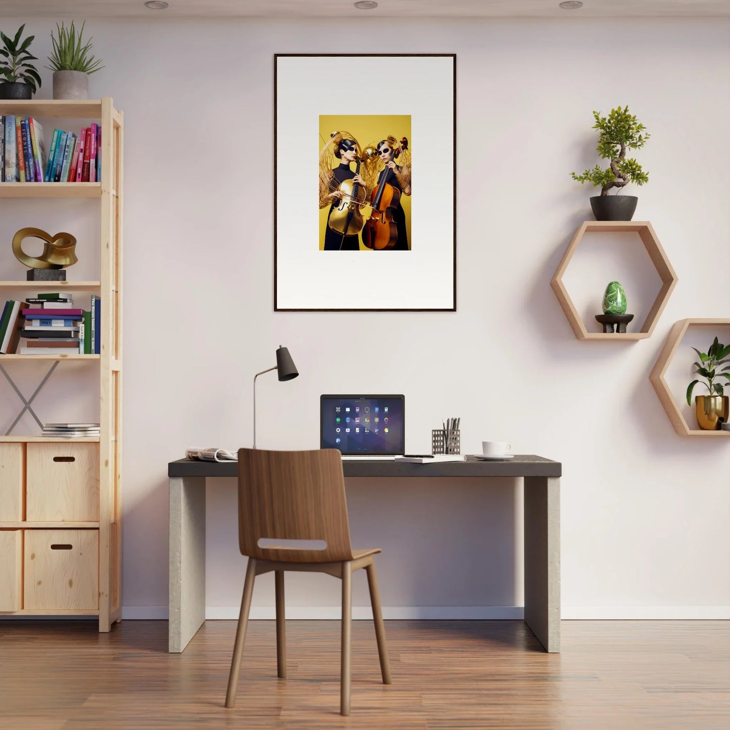 Home office workspace featuring Dive Illusions decor and framed wall art accents