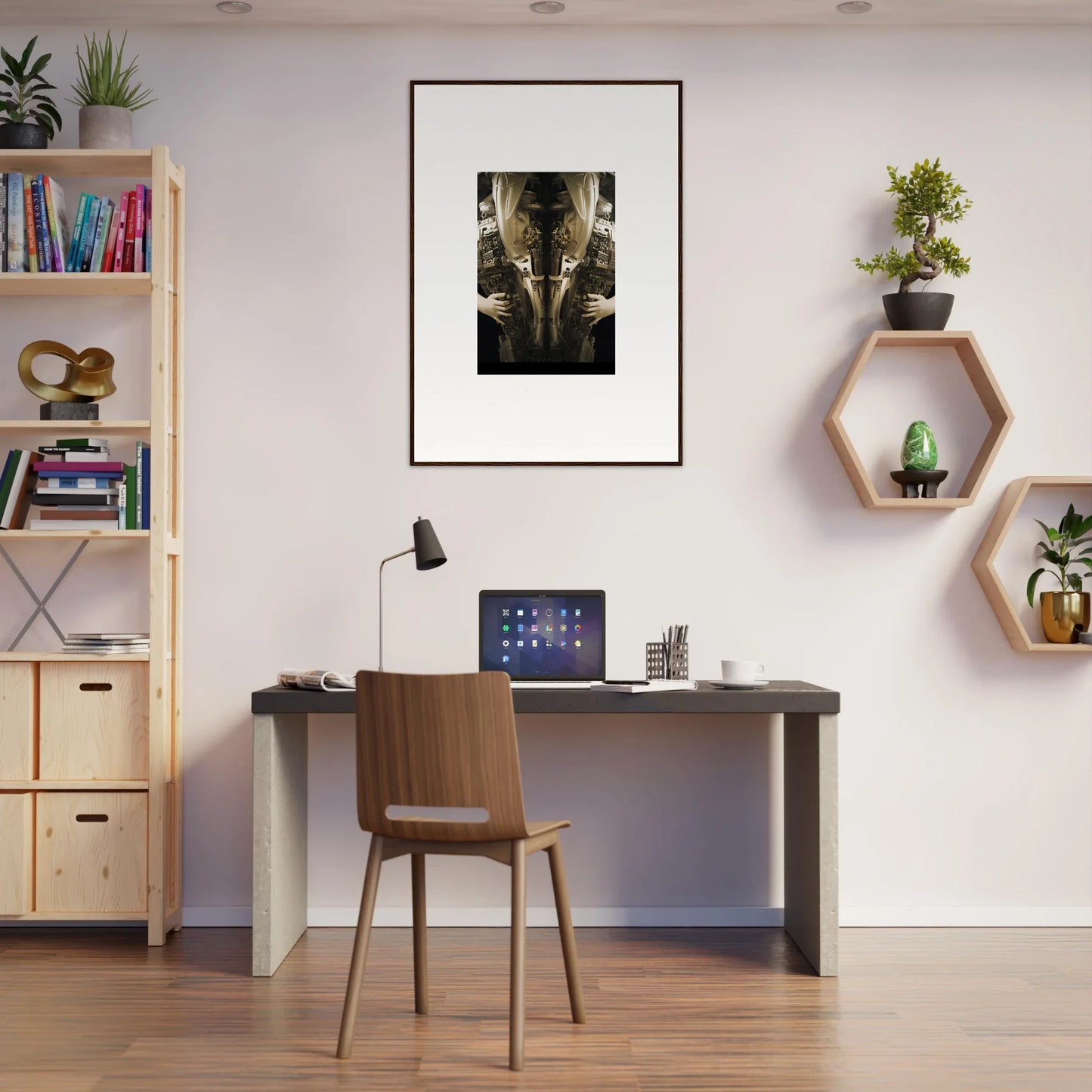 Home office workspace featuring elegant desk, chair, and framed wall art decor