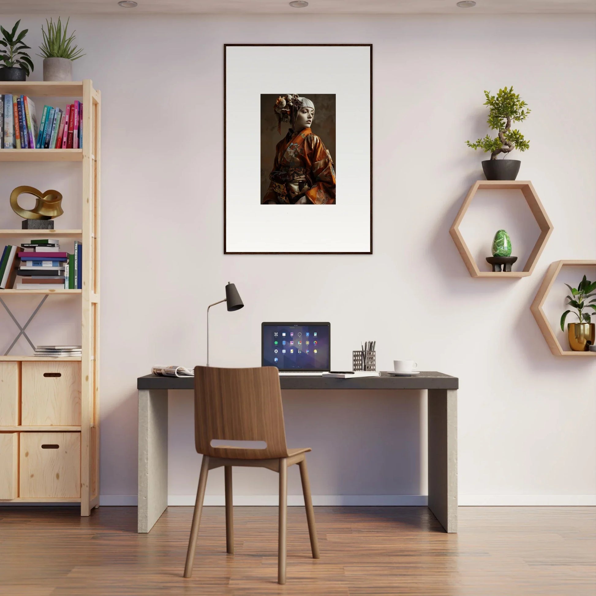 Home office with desk, chair, and Flower Shadows Whispering framed wall art decor