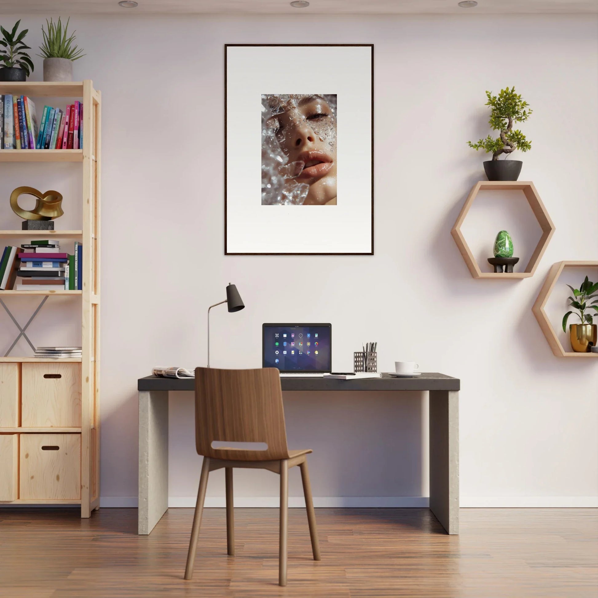 Home office workspace with Crystal Whispering Dreamer decor, desk, chair, and wall art