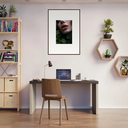 Home office workspace featuring Leaf Symphony wall art, desk, and chair for stylish decor